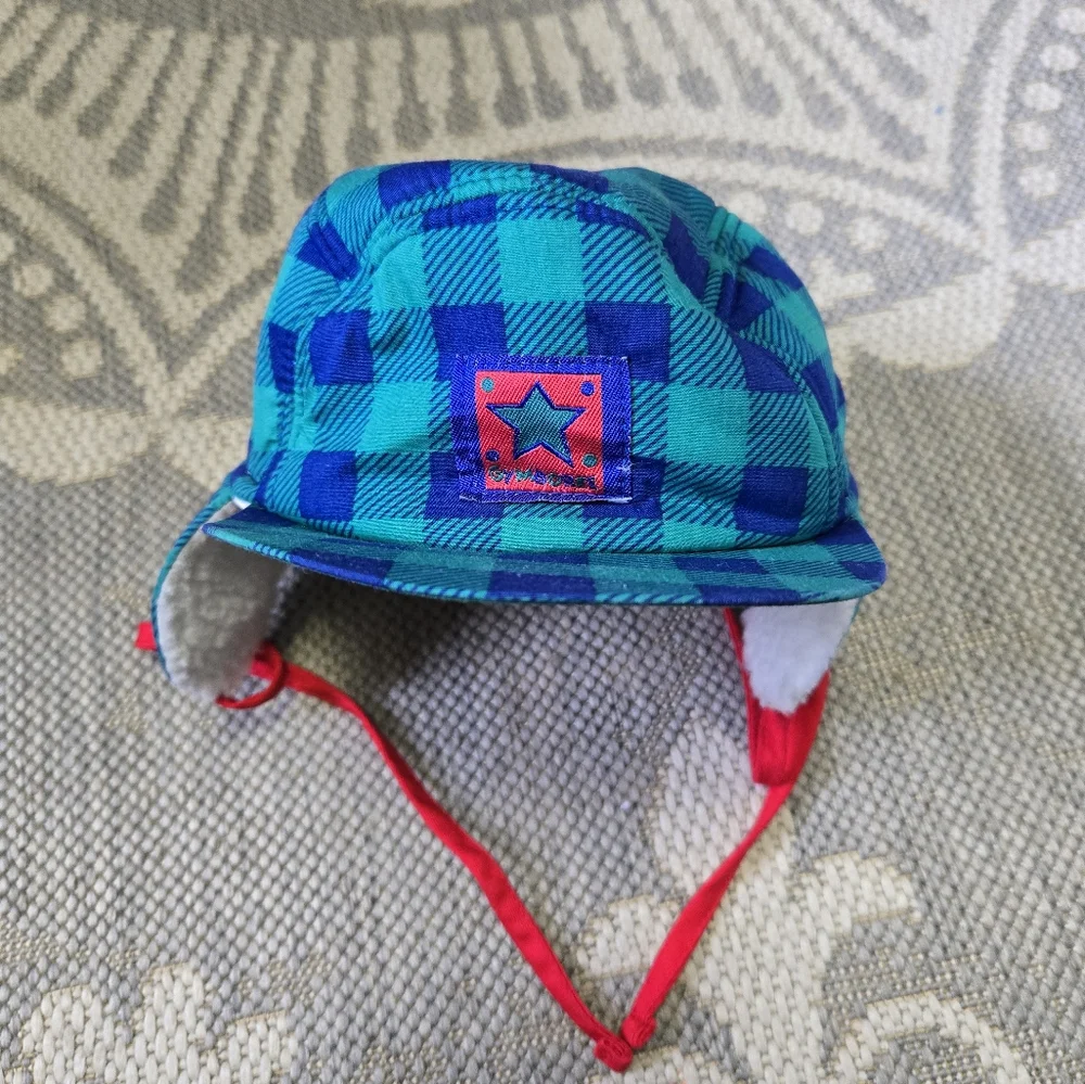 Vintage 1990s Gymboree Teal, Blue and Red Checkered Hat With Ear Flaps